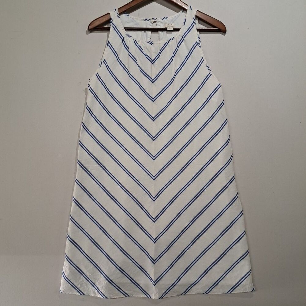 J Crew Linen Chevron Dress White Blue Stripes 14